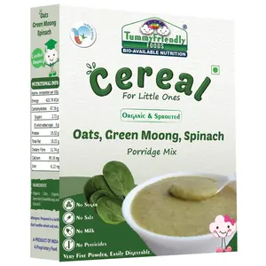 TummyFriendly Foods Certified Organic Oats, Sprouted Green Moong, Spinach Porridge Mix | Made of Sprouted Whole Green Moong, Spinach | Organic Oats for baby 8 months and 1 year old | Rich in Protein and Iron | No Sugar, No Salt, No Milk, No Chemicals, No 