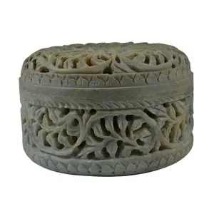 Silkrute Handcrafted Round Soapstone Box With Floral Carving