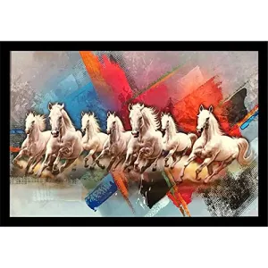 LIFEHAXTORE Â® Wood Seven Lucky Running Vastu Horses Art Framed Painting Ready to hang - (White 12inch x 18 inch)