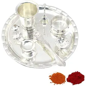 BENGALEN Silver Plated Pooja Thali Set 08 Inch for Festival Ethnic Puja Thali for Diwali Home Temple Office
