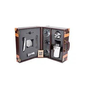Bar Box Portable bar set for drinks home- Set of Three Whiskey Glass Customised with your name in Vintage Brown Vegan Leatherette Briefcase With Foam padding Interiors for travel â Leather Briefcase bar kit â Premium Durable Bar set for gift