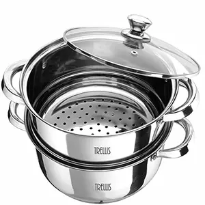 Maple 2-Tier Stainless Steel Multi-purpose Steamer with Glass Lid for Cooking (22 cm) - Idlis Boiled Vegetables Momos Dhoklas (Steamer with Idly Plates)