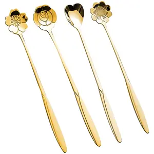 HASTHIP  HASTHIPÂ® Golden Spoon Set/Coffee Spoon/Dessert Spoon/Cutlery Kitchen Tableware/Stainless Steel Gold Flower Shape Coffee Spoon with Package Bag 18cm 4 Pcs Different Coffee Spoon