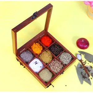 Creation India Craft Wooden Spice Box Set for Kitchen Table Top Masala Dabba 9 Section Partition Containers Jars Box Spoon 8x8x2 in Brown