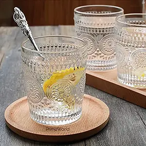 PrimeWorld Embossed Romantic European Crystal Whiskey Glasses Set of 6 pcs- 300 ml Bar Glass for Drinking Bourbon Whisky Scotch Cocktails Cognac- Old Fashioned Cocktail Tumblers