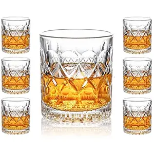 TIENER Old Fashioned Whiskey Glasses Premium Scotch Cocktail Glasses Clear Rum Glasses Elegant Design Whiskey Glasses for Men (350ml Set of 6)