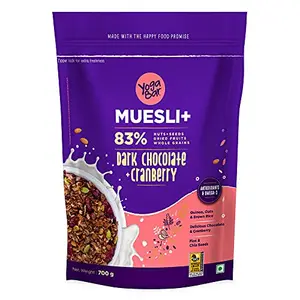 Yogabar Dark Chocolate & Cranberry Muesli 700g - Breakfast Cereal with 83% Nuts & Seeds Dried Fruits & Whole Grains - Vegan & Gluten Free Snack