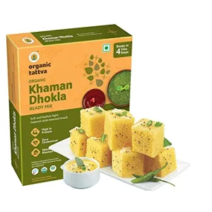 Organic Tattva Organic Khaman Dhokla Instant Ready Mix 200 Gram | High in Protein Zero Cholesterol | No Artificial Colours Flavours and Preservatives | Ready in 3 Easy Steps
