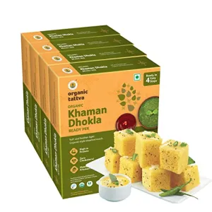 Organic Tattva Organic Khaman Dhokla Instant Ready Mix 800 Gram | High in Protein Zero Cholesterol | No Artificial Colours Flavours and Preservatives | Ready in 3 Easy Steps | 200 Gram Each