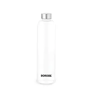 Borosil Crysto Borosilicate Glass Water Bottle Stainless Steel Lid Narrow Mouth 1L - for Fridge and Office