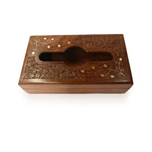 Handmade Wooden Tissue Box Napkin Holder Cover with Brass Inlay and Velvet Interior 10 x 6 Inches