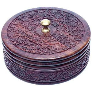 Multipurpose Handcrafted Wooden Casserole Box/Pot Serving Bowl with Lid for Chapatis (Brown 7.5-inch)