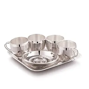 Panca Premium Silver Plated Pooja Thali 9 Piece Cup Saucer Set for Home and Office Silver Gift House Warming Gift Wedding Gift Gift Set Made in India (Silver)