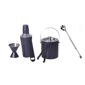 Dynore Stainless Steel 6 Pcs Black Bar Set Small- Cocktail Shaker 500ml, Ice Bucket 1000 ml, Peg Measure 30/60 ml, Bottle Opener, Bar Spoon, Ice Tong