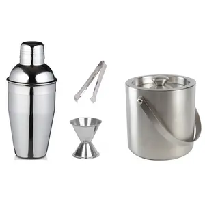 Dynore 4 Piece Bar Set (Medium) - Cocktail Shaker 500 ml, Ice Tong, Ice Bucket 1000 mland Peg Measure 30/60 ml