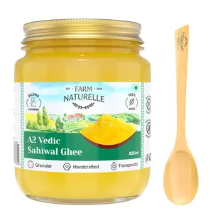 Farm Naturelle-A2 Desi Cow Ghee| Grass Fed Sahiwal Cows |Vedic Bilona method -Curd Churned - Golden, Grainy & Aromatic, Keto Friendly, NON-GMO, Lab tested - 750ml+75ml Extra With a Wooden Spoon In Glass Jar