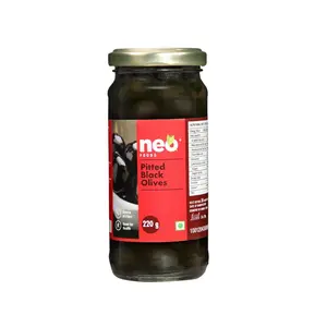 Neo Pitted Black Olives 220g(7.76 oz) l 1 Jar l Low Fat Ready-to-Eat, Snack l Enjoy as Topping for Pizza Pasta l Glass Jar |