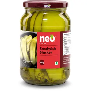 Neo Sandwich Stackers 480G(16.93 oz) I 100 % Vegan I Low Fat Sweet and Salty Gherkin Slices Ready to Eat No GMO I Make Burger Sandwich and More I Glass Jar I