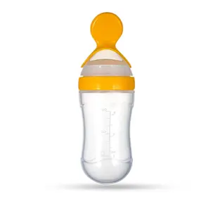 GOODMUNCHKINS Silicone Spoon Food Feeder for Toddlers Food Grade Silicone Bottle 90ml BPA Free (Yellow)