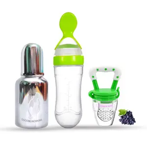 GOODMUNCHKINS Stainless Steel Feeding Bottle Food Feeder & Fruit Feeder for Baby/Infants-304 SS-No Joints-Anti Colic Silicon Nipple-Food Grade Silicon Feeder BPA Free Pack 3 (Green-Green 150)