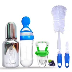 Goodmunchkins Stainless Steel Baby Feeding Bottle 304 Grade Steel for Infants/Toddlers Jointless with Bottle Cleaning Brush (220 Blue)