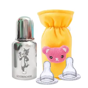 Goodmunchkins Stainless Steel Baby Feeding Bottle with Antic Colic Silicone Nipple & Teat with Velvette Bottle Carry Bag (Pack of 3) (150 Yellow)