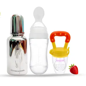 GOODMUNCHKINS Stainless Steel Feeding Bottle Food Feeder & Fruit Feeder for Baby/Infants-304 SS-No Joints-Anti Colic Silicon Nipple-Food Grade Silicon Feeder BPA Free Pack 3 (White-Yellow 220)