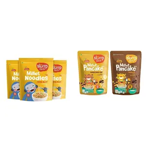 Slurrp Farm No Maida Millet Noodles| Foxtail Millet Noodles Pack of 3-192g Each & Slurrp Farm Instant Breakfast Millet Pancake Mix, Banana Choco-Chip, Supergrains And Chocolate,150g (Pack Of 2)