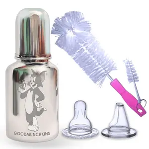 Goodmunchkins Stainless Steel Feeding Bottles with Anti Colic Silicone Nipple/Sipper Training Spout/Bottle Cleaning Nylon Brush (300ml Pink)