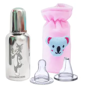 Goodmunchkins Stainless Steel Baby Feeding Bottle with Antic Colic Silicone Nipple & Teat with Velvette Bottle Carry Bag (Pack of 3)