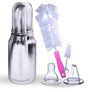 Goodmunchkins Stainless Steel Feeding Bottles 304 Grade with Anti Colic Silicone Nipple & Sipper Training Spout/Bottle Cleaning Nylon Brush