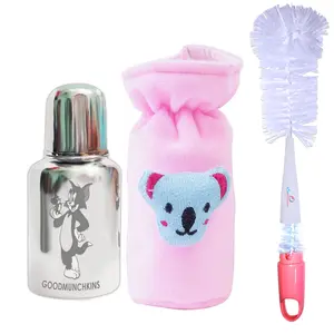 Goodmunchkins Stainless Steel Baby Feeding Bottle 304 Grade Steel/Velvet Bottle Cover/Nylone Bottle Cleaning Brush (3 Items)