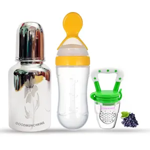 GOODMUNCHKINS Stainless Steel Feeding Bottle Food Feeder & Fruit Feeder for Baby/Infants-304 SS-No Joints-Anti Colic Silicon Nipple-Food Grade Silicon Feeder BPA Free Pack 3 (Yellow-Green 300)