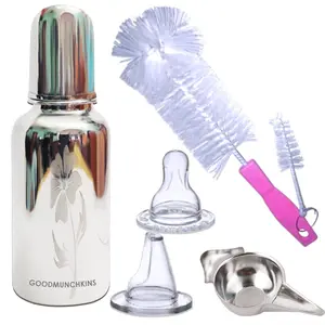 Goodmunchkins Stainless Steel Feeding Bottle with Bottle Cleaning Brush/Chakku/Anti Colic Silicone Nipple-304 Grade Steel Joint Less