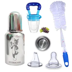 Goodmunchkins Stainless Steel Baby Feeding Bottle 304 Grade Steel No Joints for Infants/Toddlers with Silicone Fruit Feeder/Travel Cap/Bottle Cleaning Brush