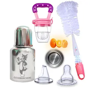 Goodmunchkins Stainless Steel Baby Feeding Bottle 304 Grade Steel No Joints for Infants/Toddlers with Silicone Fruit Feeder/Travel Cap/Bottle Cleaning Brush