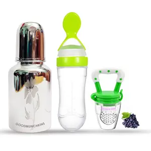GOODMUNCHKINS Stainless Steel Feeding Bottle Food Feeder & Fruit Feeder for Baby/Infants-304 SS-No Joints-Anti Colic Silicon Nipple-Food Grade Silicon Feeder BPA Free Pack 3 (Green-Green 300)