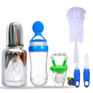 Goodmunchkins Stainless Steel Baby Feeding Bottle 304 Grade Steel for Infants/Toddlers Jointless with Bottle Cleaning Brush (300 Blue)