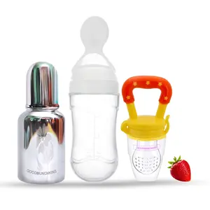 GOODMUNCHKINS Stainless Steel Feeding Bottle Food Feeder & Fruit Feeder for Baby/Infants-304 SS-No Joints-Anti Colic Silicon Nipple-Food Grade Silicon Feeder BPA Free Pack 3 (White-Yellow 150)