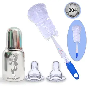 Goodmunchkins Stainless Steel Baby Feeding Bottle 304 Grade Steel for Infants/Toddlers Jointless with Bottle Cleaning Brush (150 Blue)