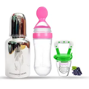 GOODMUNCHKINS Stainless Steel Feeding Bottle Food Feeder & Fruit Feeder for Baby/Infants-304 SS-No Joints-Anti Colic Silicon Nipple-Food Grade Silicon Feeder BPA Free Pack 3 (Pink-Green 300)