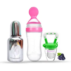 GOODMUNCHKINS Stainless Steel Feeding Bottle Food Feeder & Fruit Feeder for Baby/Infants-304 SS-No Joints-Anti Colic Silicon Nipple-Food Grade Silicon Feeder BPA Free Pack 3 (Pink-Green 150)