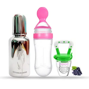 GOODMUNCHKINS Stainless Steel Feeding Bottle Food Feeder & Fruit Feeder for Baby/Infants-304 SS-No Joints-Anti Colic Silicon Nipple-Food Grade Silicon Feeder BPA Free Pack 3 (Pink-Green 220)
