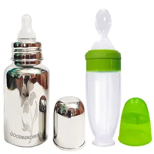 GOODMUNCHKINS Stainless Steel Feeding Bottle 304 Grade Jointless & Spoon Food Feeder for Baby/Infants Anti Colic Silicon Nipple - Food Grade Silicon Food Feeder BPA Free Combo Pack 2 (300 Green)