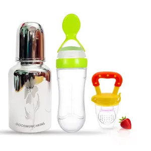 GOODMUNCHKINS Stainless Steel Feeding Bottle Food Feeder & Fruit Feeder for Baby/Infants-304 SS-No Joints-Anti Colic Silicon Nipple-Food Grade Silicon Feeder BPA Free Pack 3 (Green-Yellow 300)