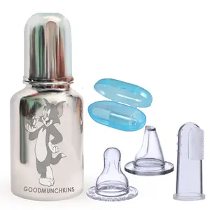 GOODMUNCHKINS Stainless Steel Feeding Bottle 304 Grade Jointless with 2 Extra Nipple & 1 Silicone Finger Tooth Brush for Baby (Combo Pack) (300 Blue)