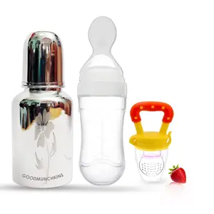 GOODMUNCHKINS Stainless Steel Feeding Bottle Food Feeder & Fruit Feeder for Baby/Infants-304 SS-No Joints-Anti Colic Silicon Nipple-Food Grade Silicon Feeder BPA Free Pack 3 (White-Yellow 300)