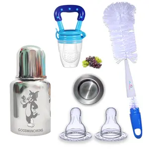 Goodmunchkins Stainless Steel Baby Feeding Bottle 304 Grade Steel No Joints for Infants/Toddlers with Silicone Fruit Feeder/Travel Cap/Bottle Cleaning Brush