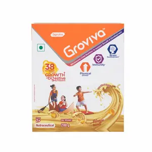 Groviva Customized Health Nutrition Drink made by Global Experts for Kids that supports Digestion, Physical Growth, Immunity and & Brain Development - Mango 200g BIB