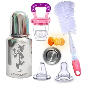 Goodmunchkins Stainless Steel Baby Feeding Bottle 304 Grade Steel No Joints for Infants/Toddlers with Silicone Fruit Feeder/Travel Cap/Bottle Cleaning Brush